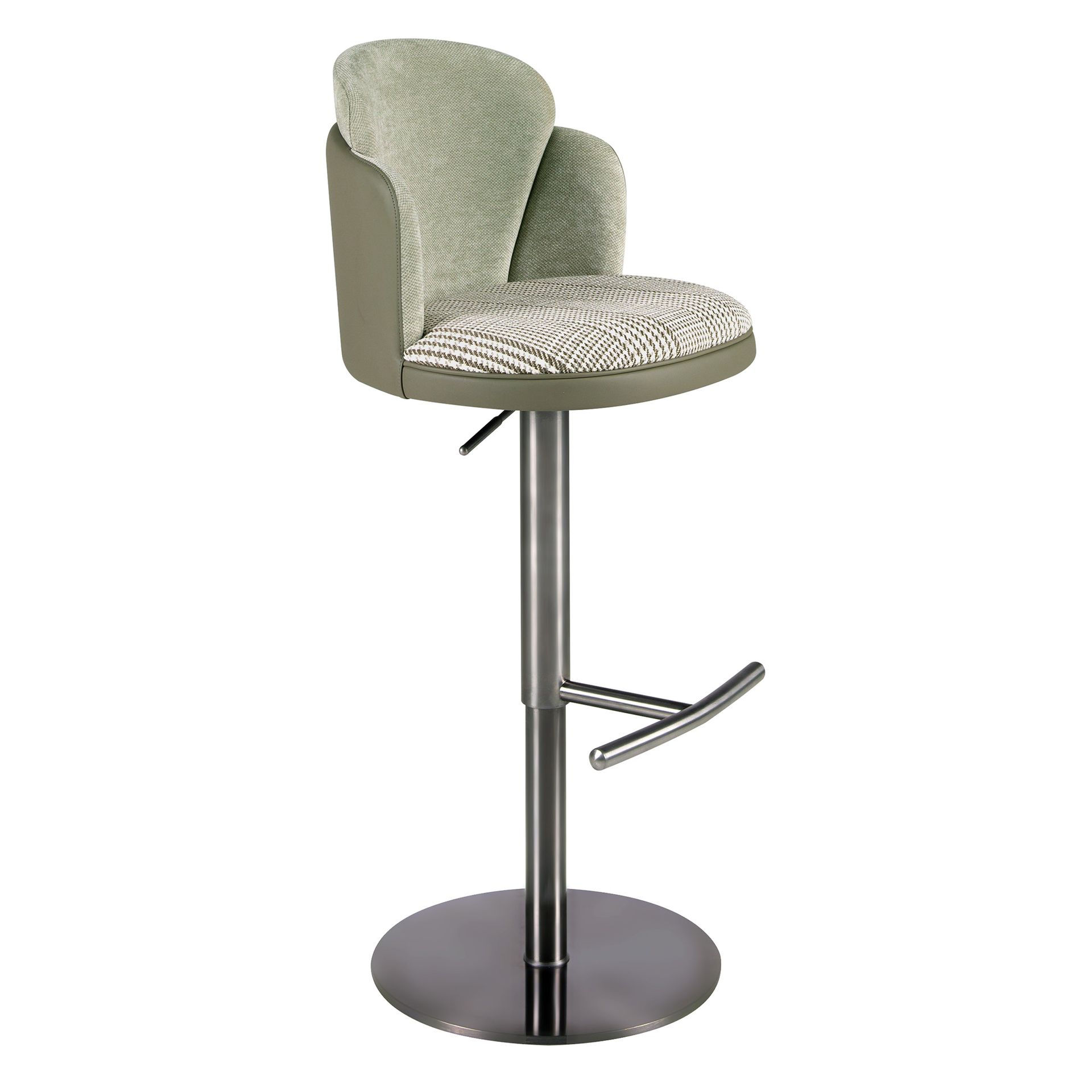 Tabouret pivotant en tissu - Finitions vert olive et acier foncé
