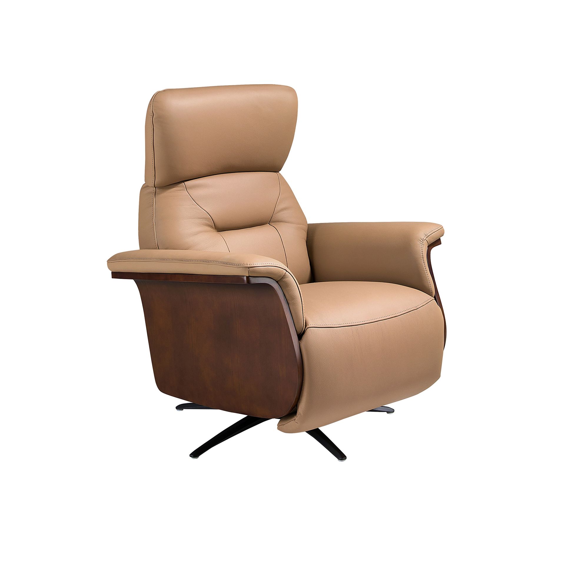 Fauteuil relax pivotant en cuir marron - Finitions noyer, brun et noir