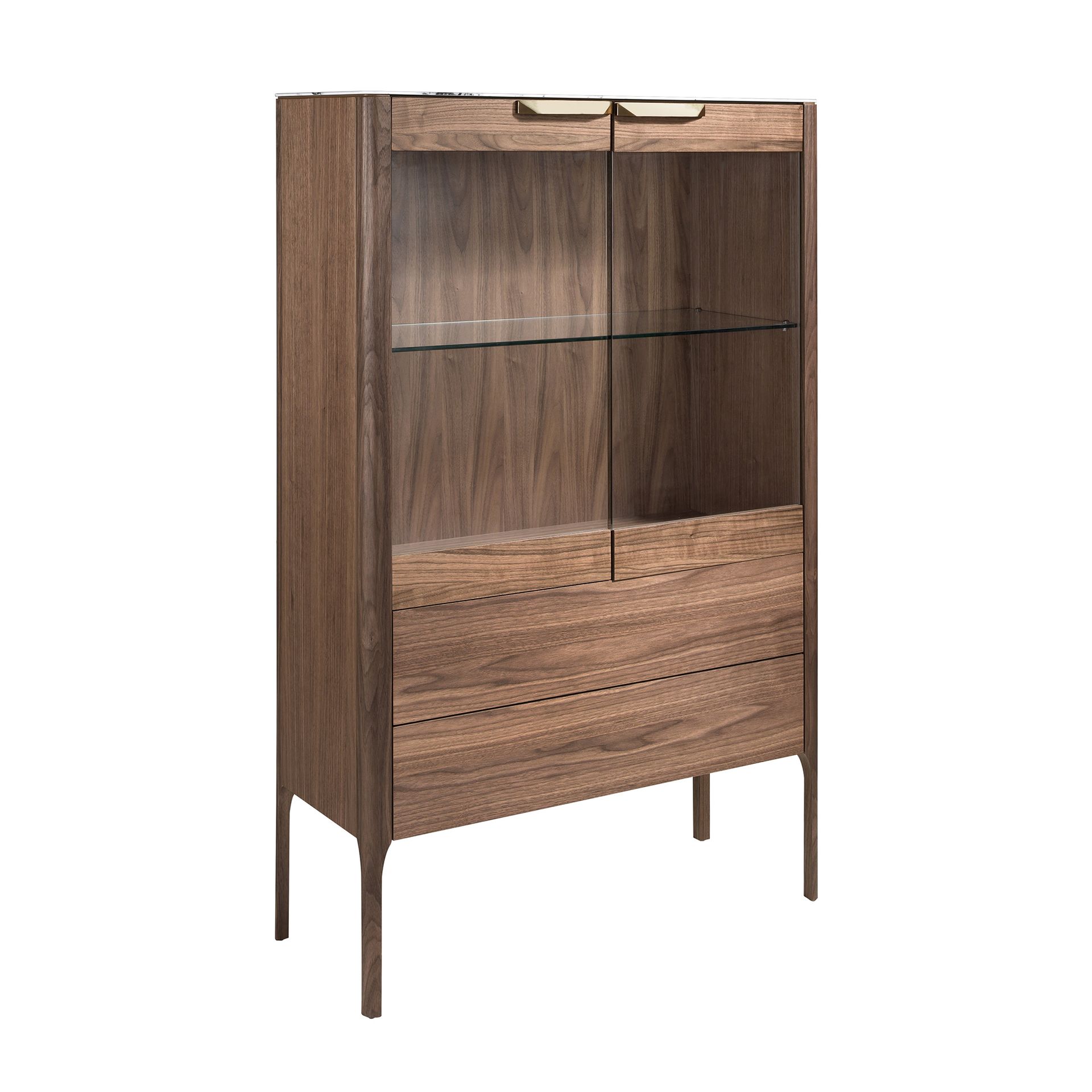 Buffet haut noyer et verre effet marbre - Finitions verre et noyer