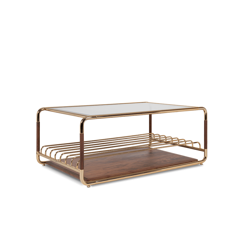 Table basse en bois massif verni et détails en laiton