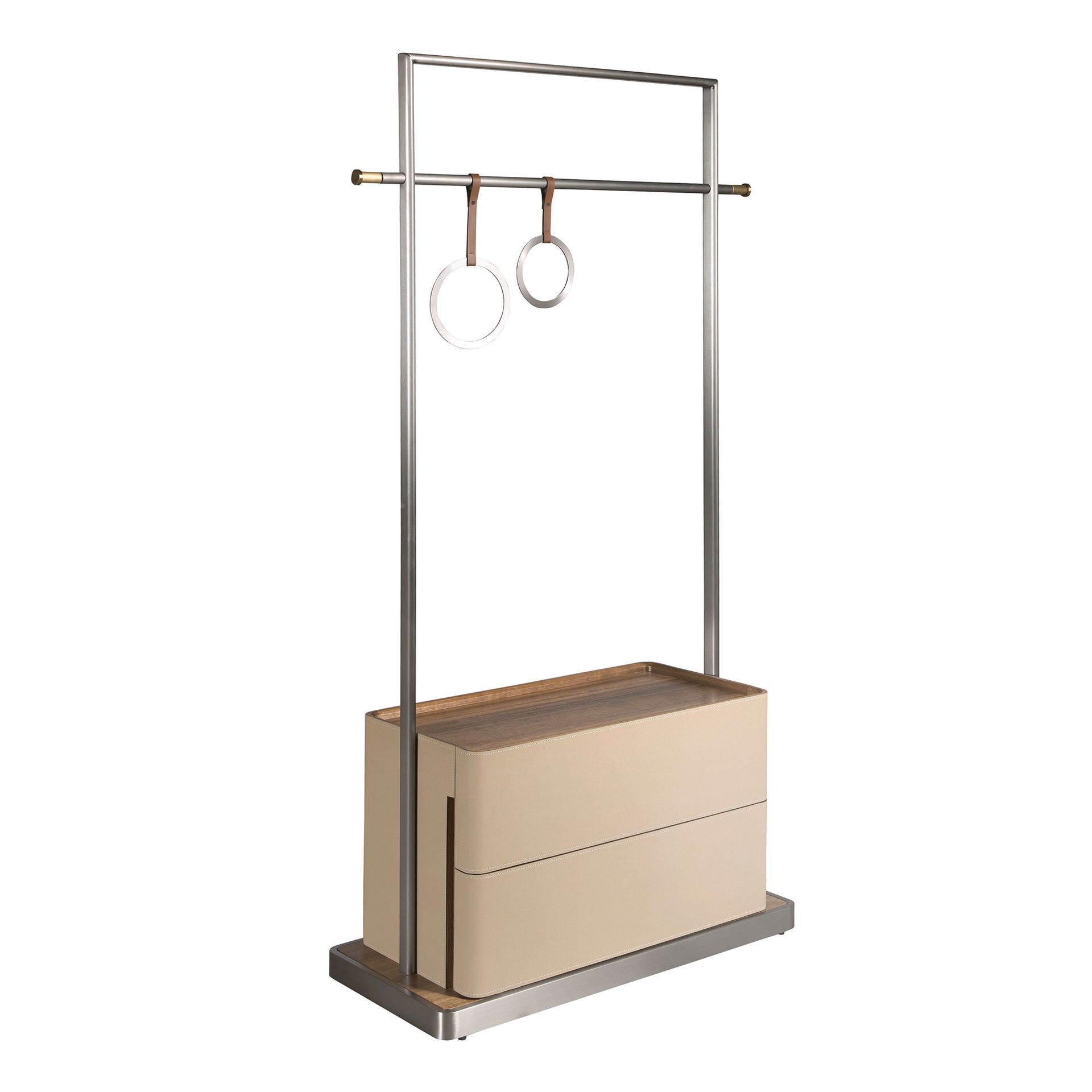 Porte-manteau en similicuir vison, noyer et acier inoxydable