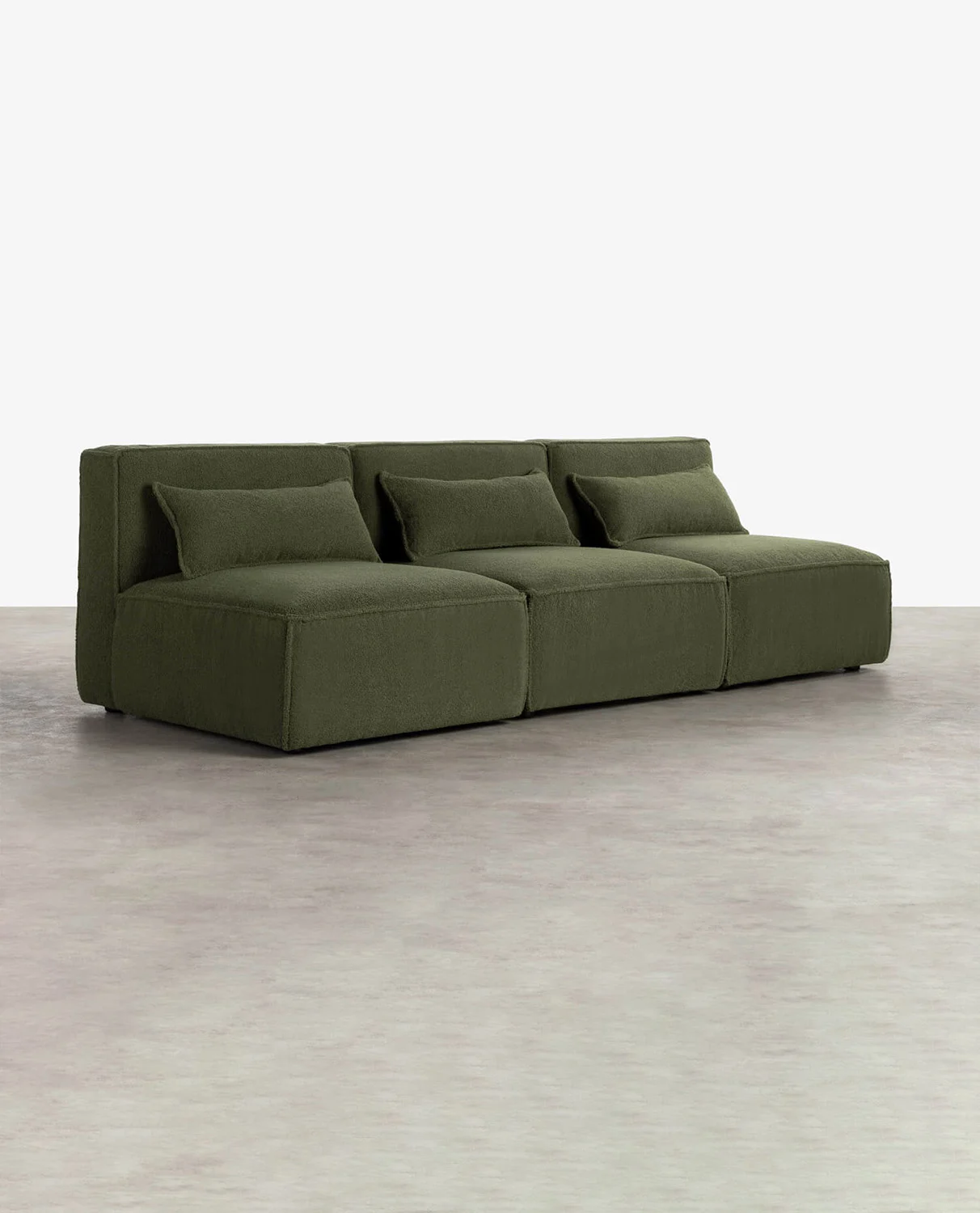 Canapé modulable 3 pièces en tissu bouclé vert kaki sans accoudoir