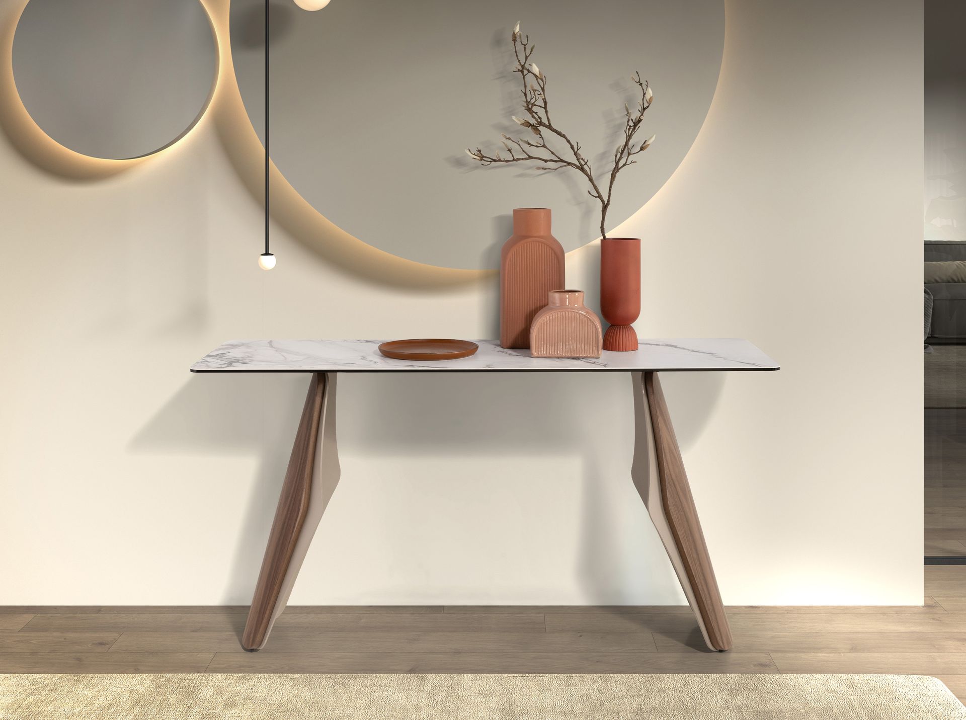 Console rectangulaire en marbre porcelainé, acier sable métallisé et noyer — détail 3