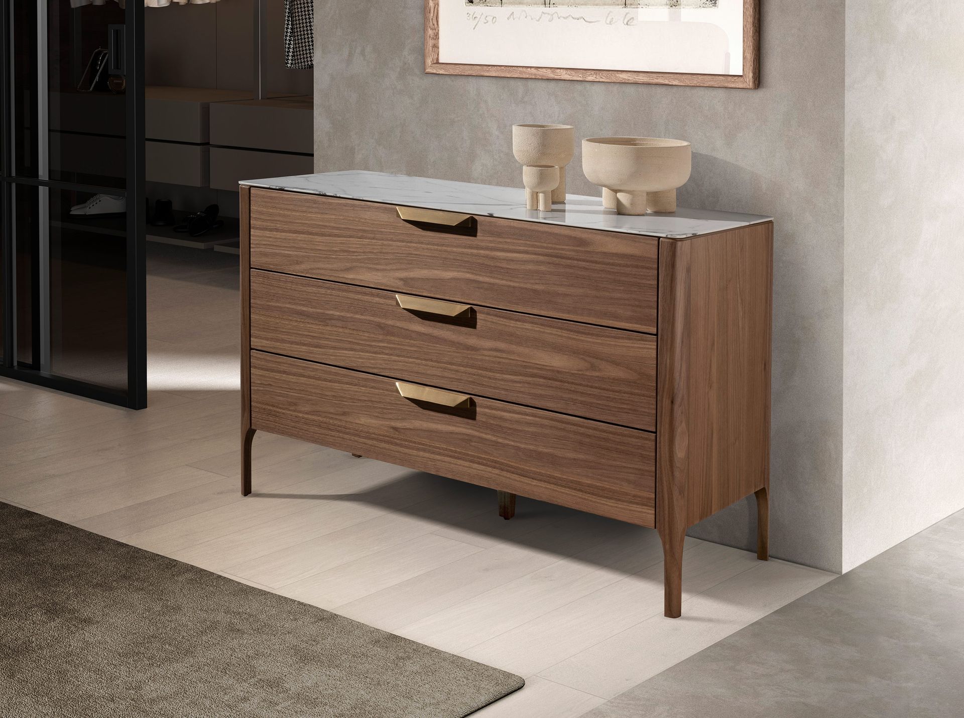 Commode noyer et verre effet marbre - Finitions noyer, acier et blanc — détail 3