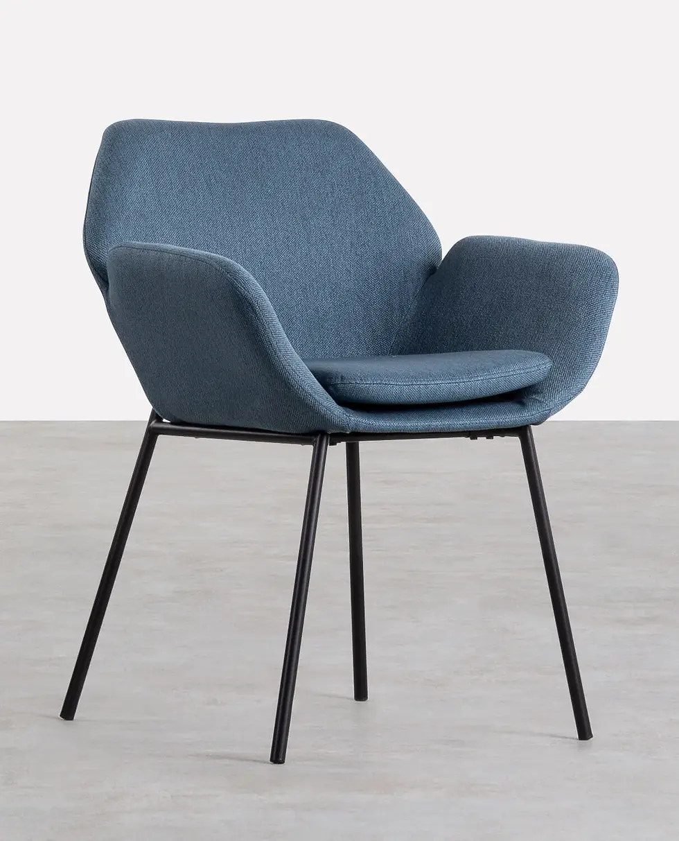 Thumbnail: Chaise de salle à manger en métal avec accoudoir et tissu bleu