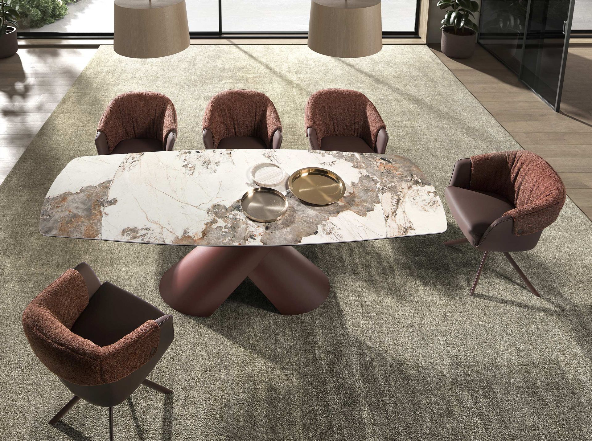 Table à manger extensible ovale tonneau en marbre céramique et acier marron — détail 4