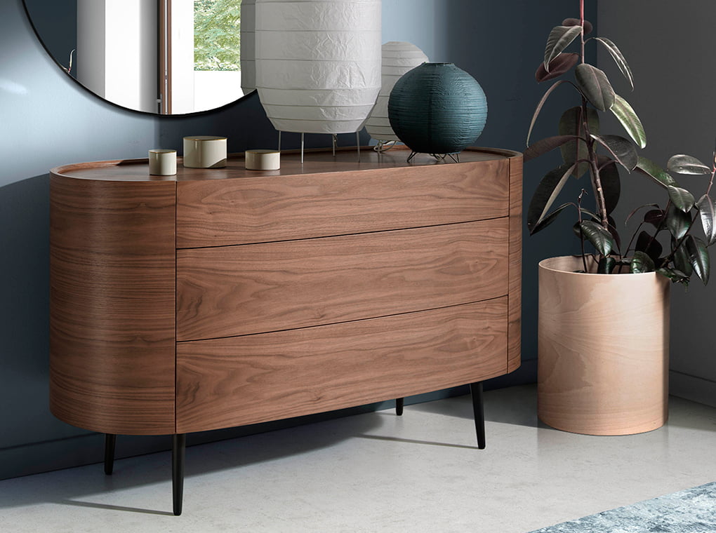 Commode ovale en bois couleur noyer et pied en acier noir