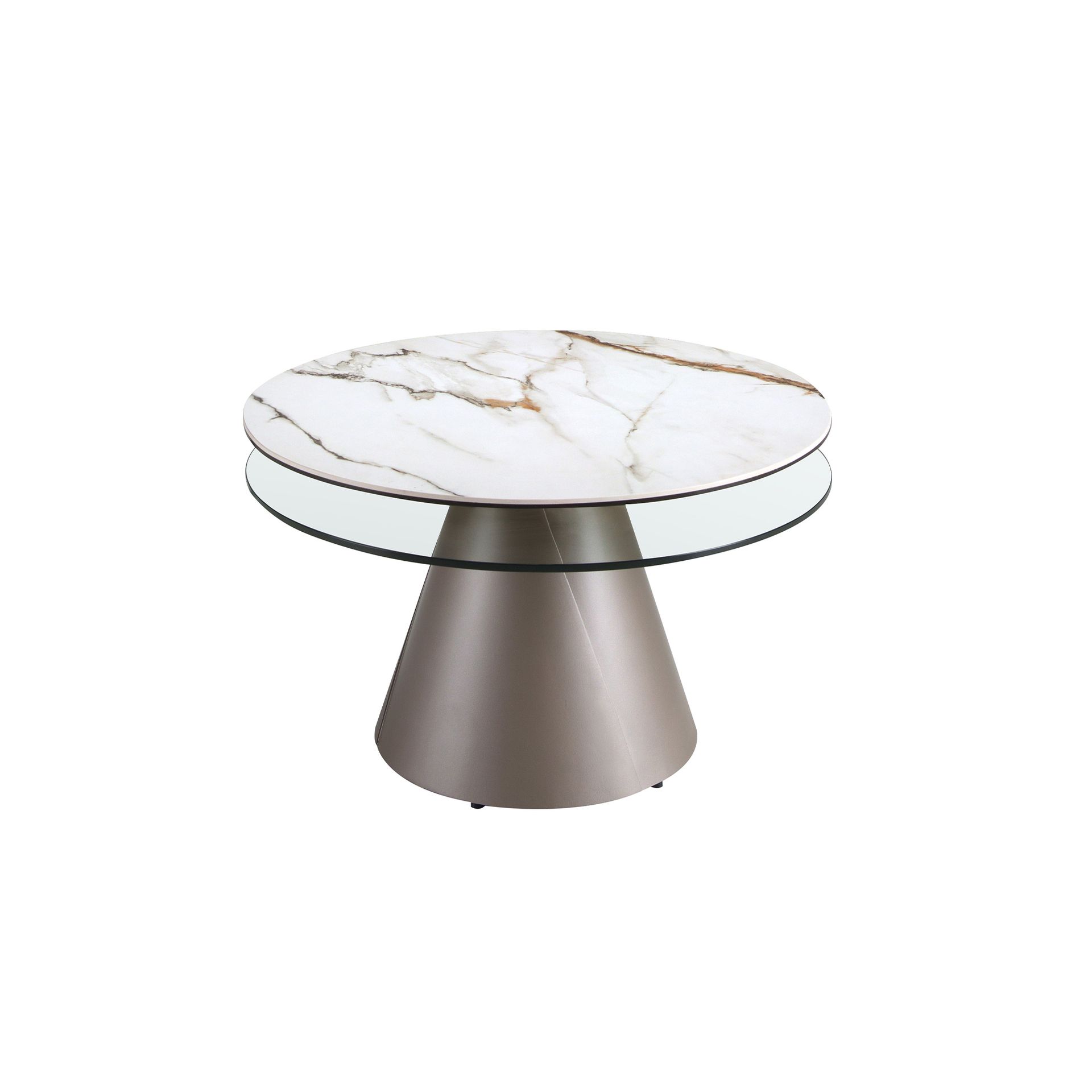 Table basse extensible ronde en verre trempé, marbre céramique et acier gris