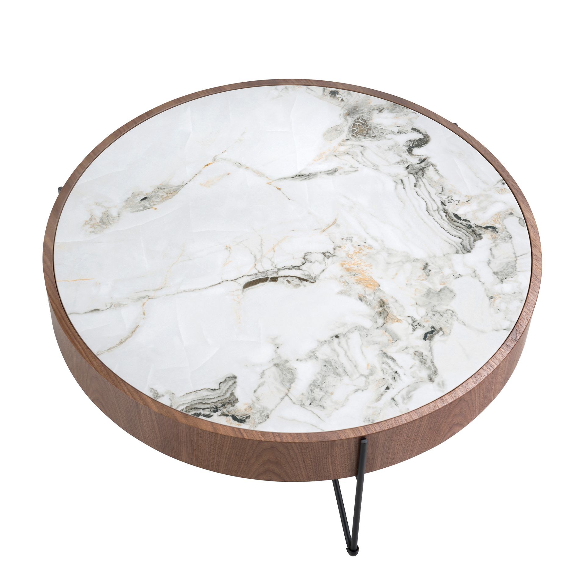 Table basse ronde en marbre porcelaine, noyer et acier noir — détail 5