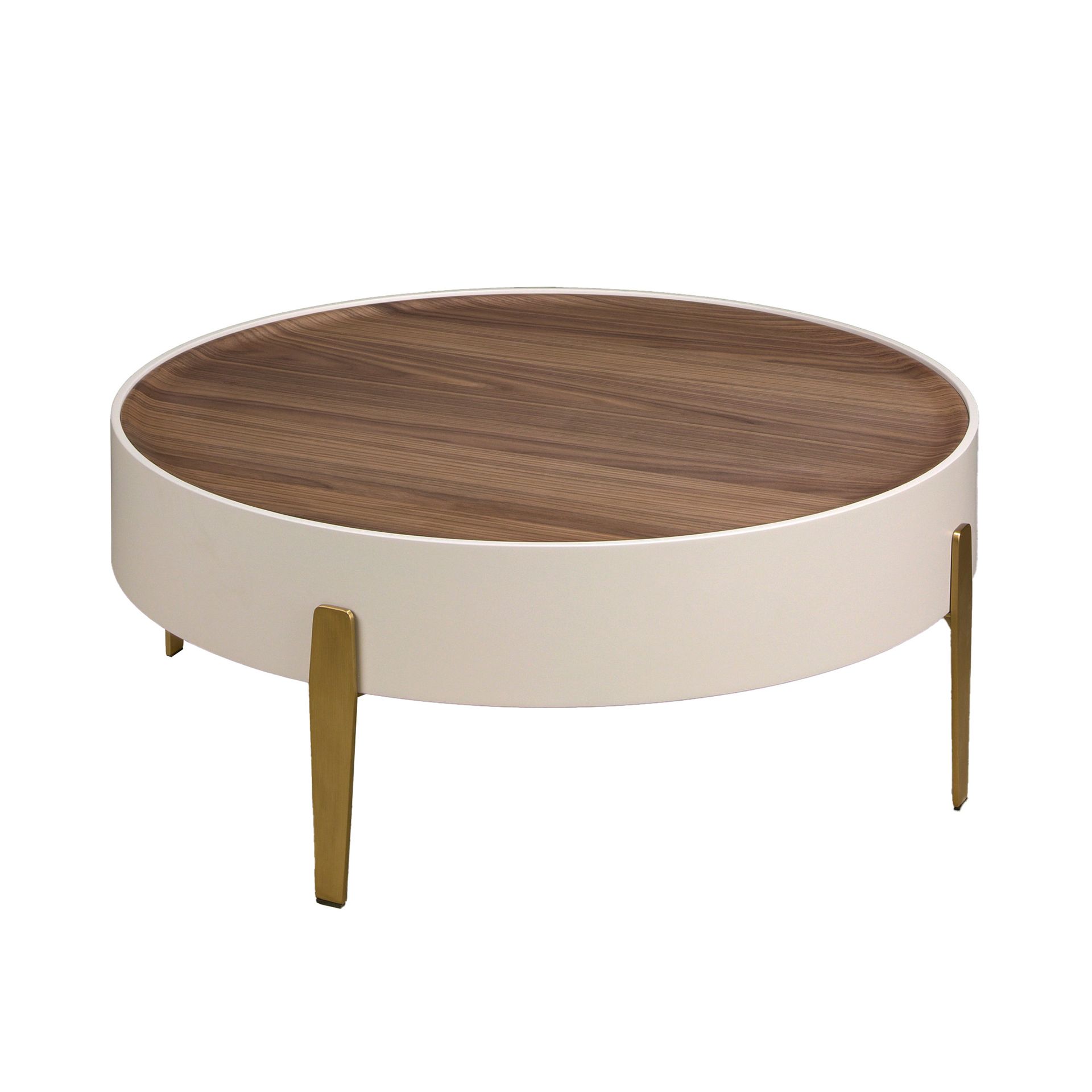Table basse ronde - Finitions beige, or et noyer