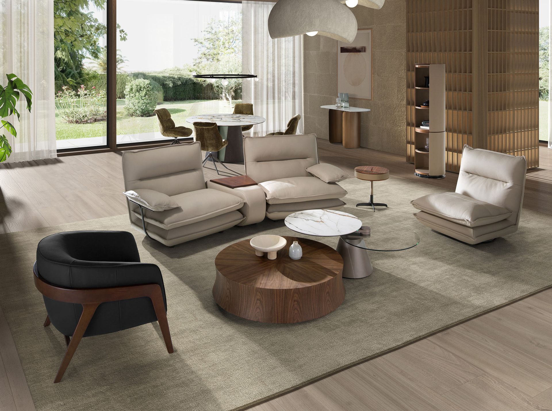 Table basse extensible ronde en verre trempé, marbre céramique et acier gris — détail 4