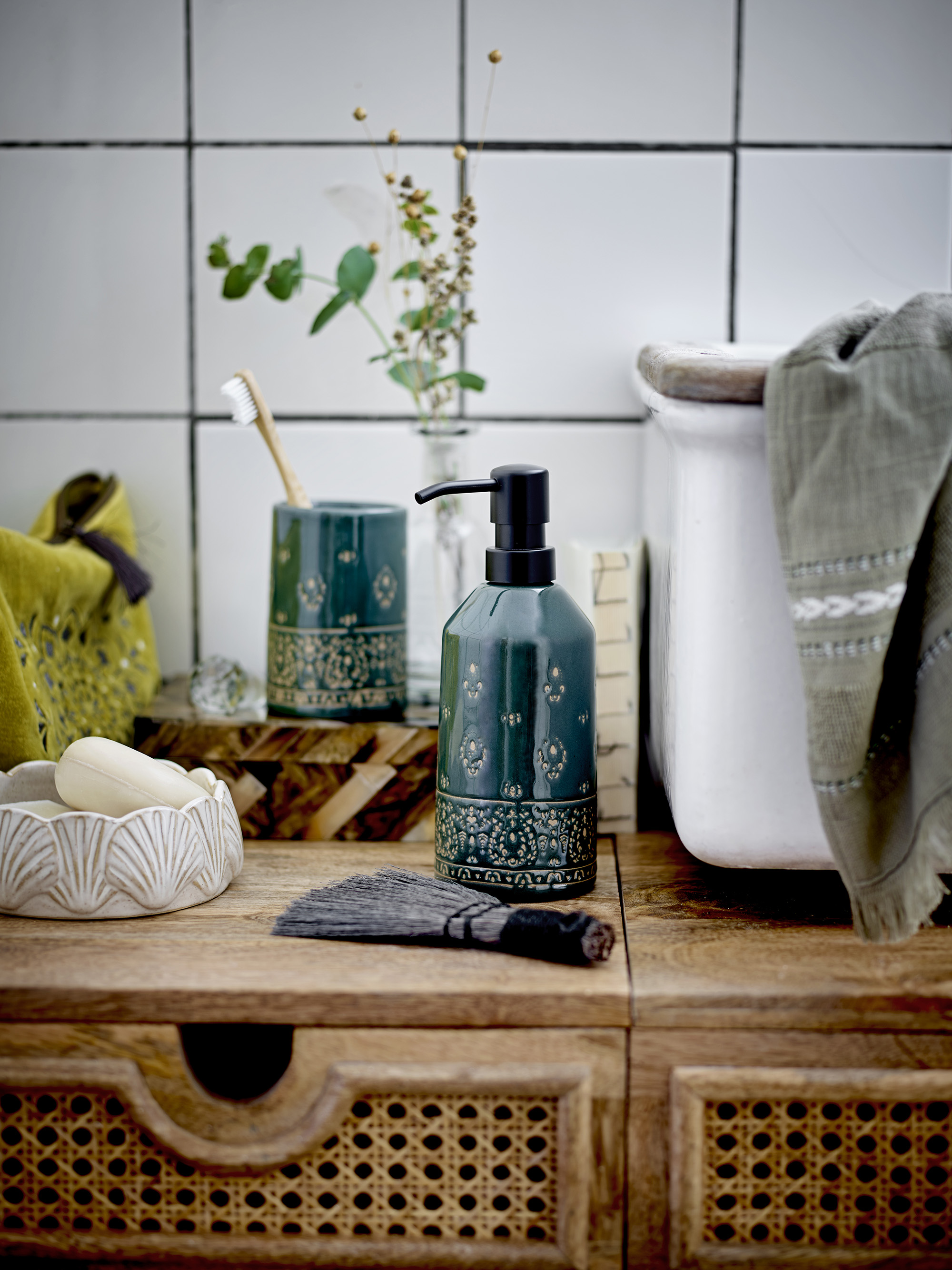 Set distributeur à savon et gobelet bleu vert à motifs doré
