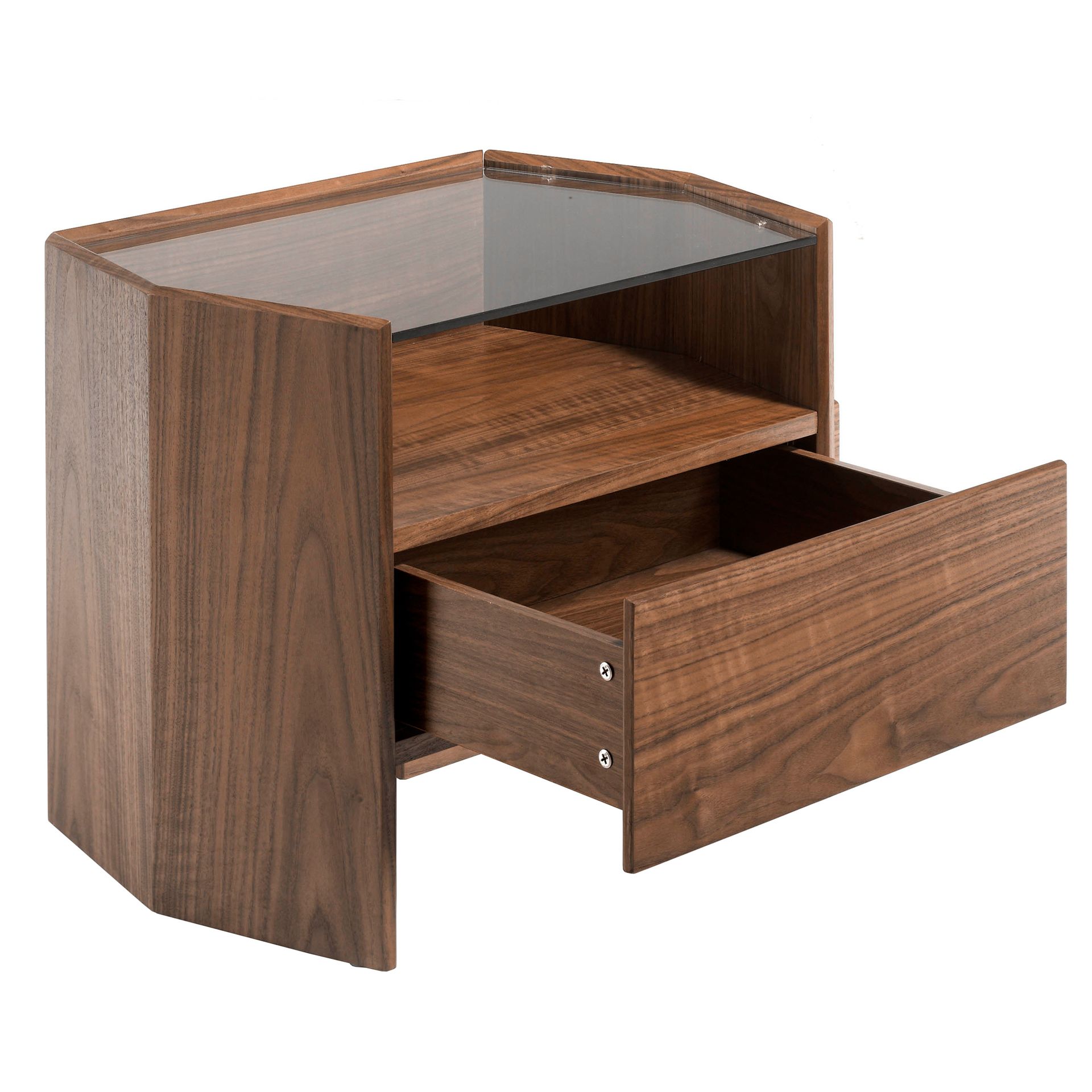 Table de chevet en noyer avec plateau en verre trempé - Finitions verre et noyer — détail 6
