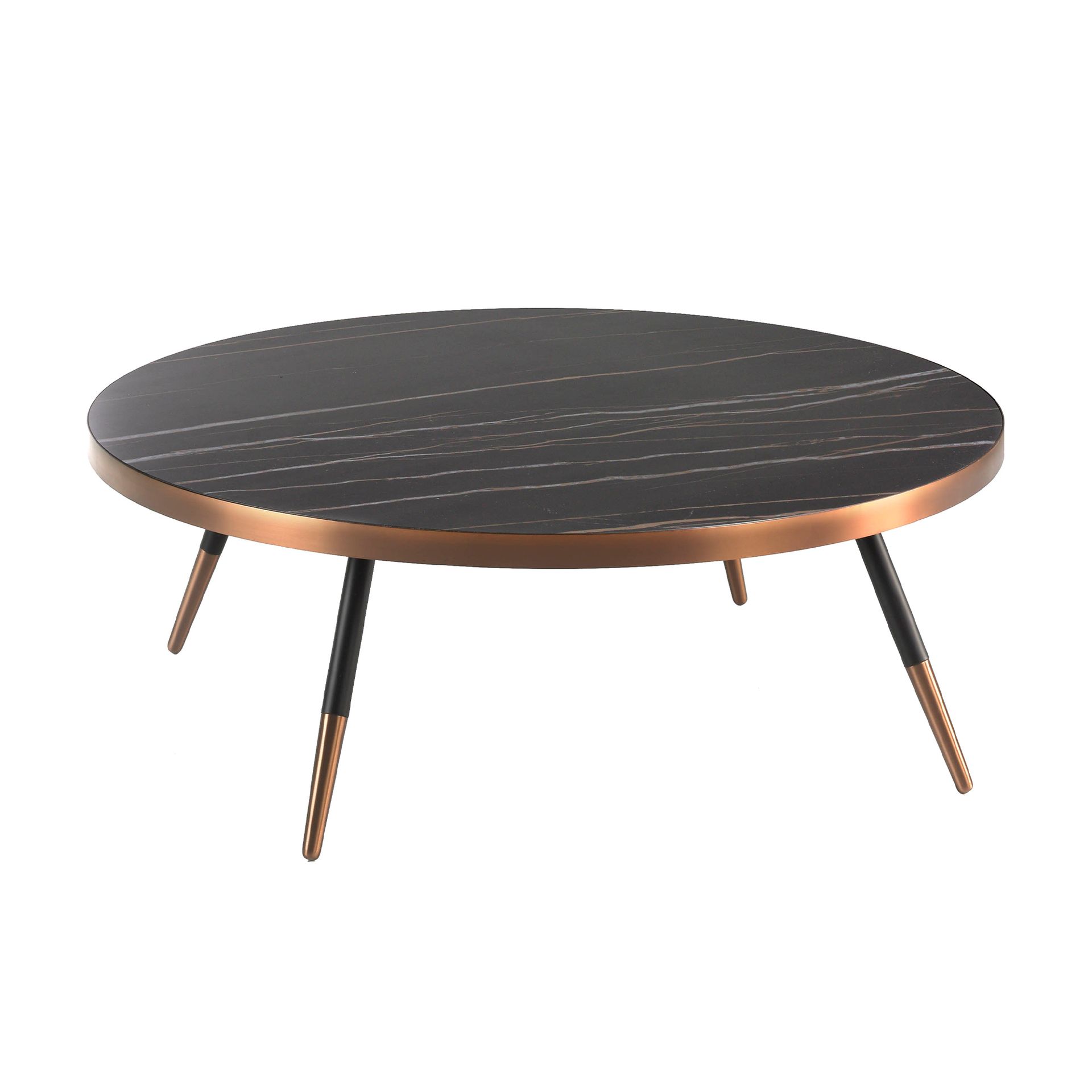 Table basse ronde en marbre céramique et acier noir - Coloris noir et bronze