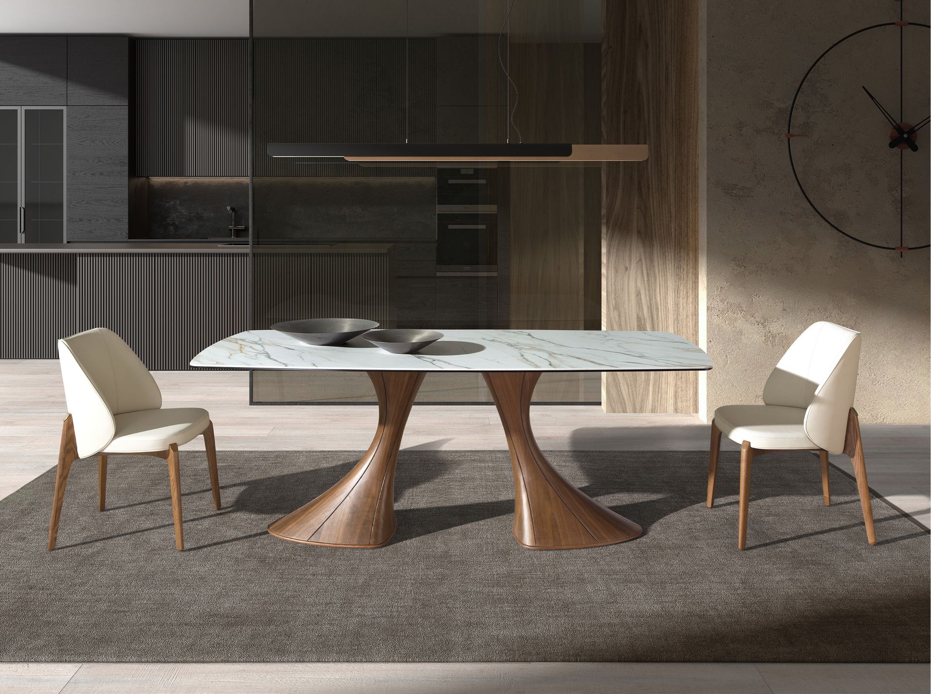Table à manger ovale façon tonneau - Finitions blanc et noyer — détail 3