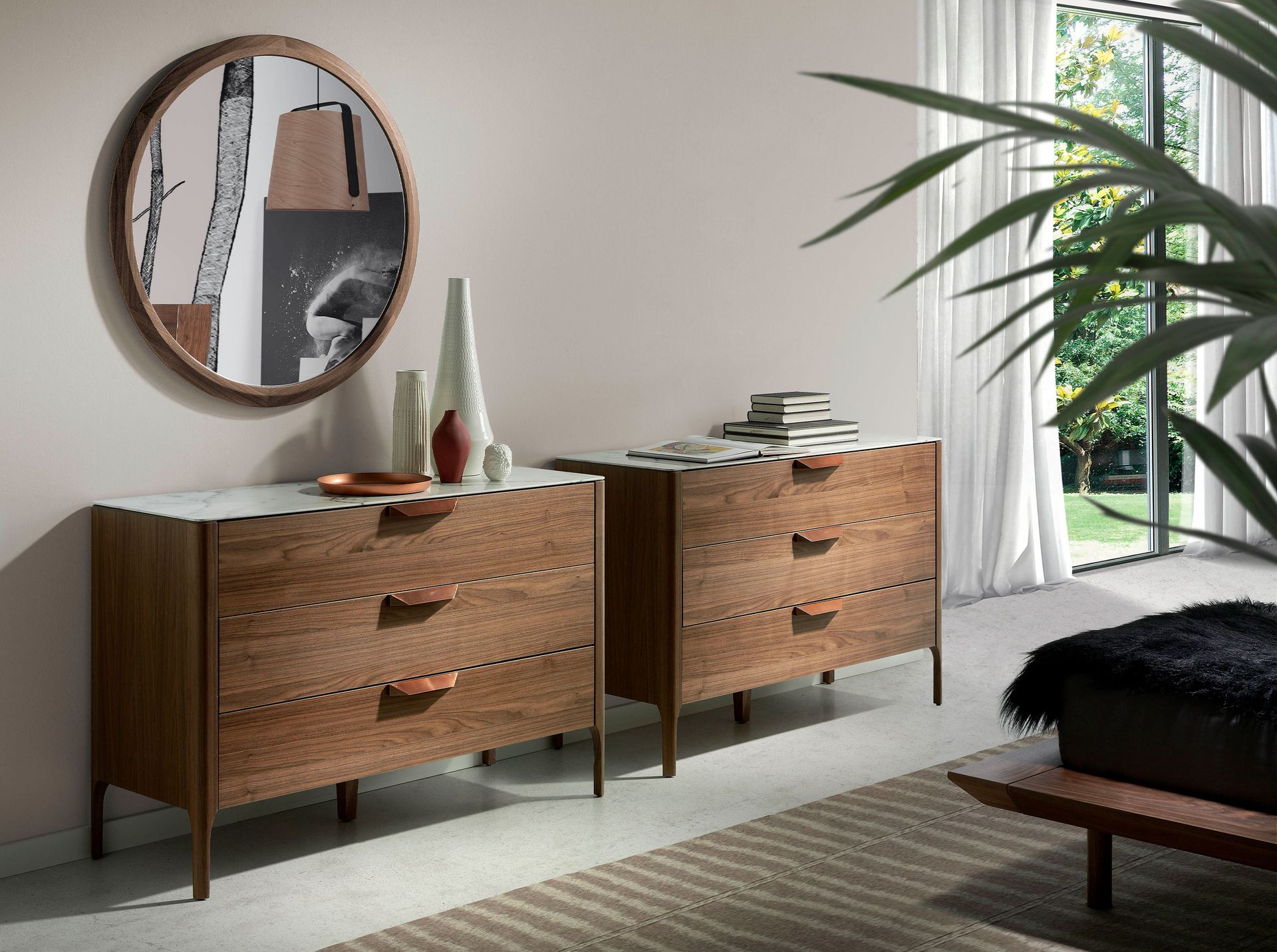 Commode noyer et verre effet marbre - Finitions noyer, acier et blanc — détail 5