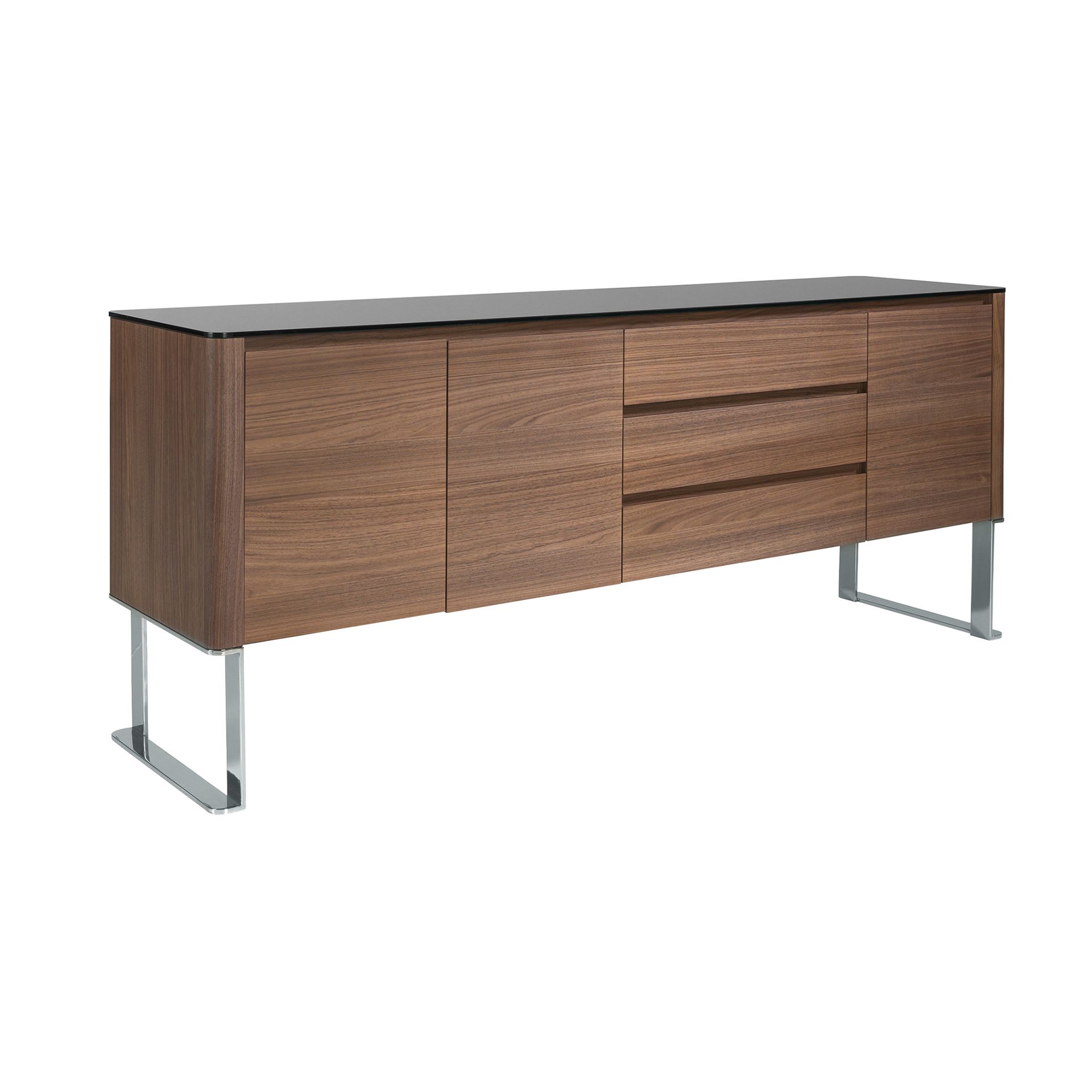 Buffet noyer et verre noir - Finitions noyer, acier et noir