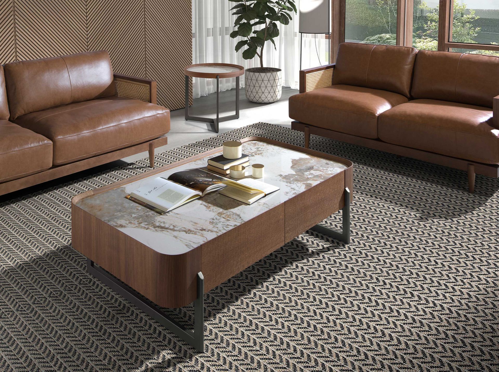 Table basse rectangulaire céramique - Finitions blanc, acier et noyer — détail 3