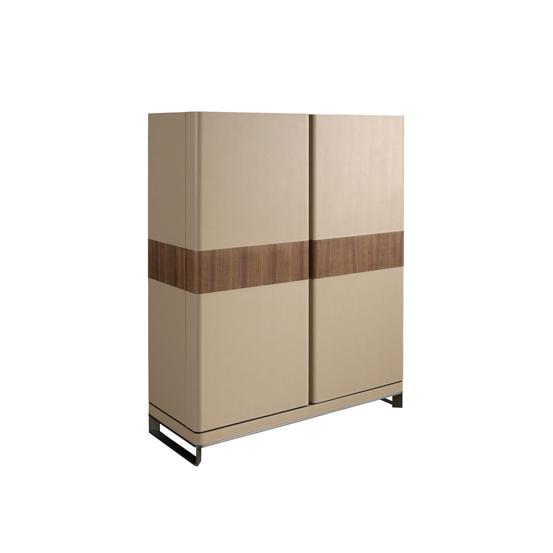 Buffet haut en similicuir, noyer et acier poli - Finitions taupe, noyer et acier