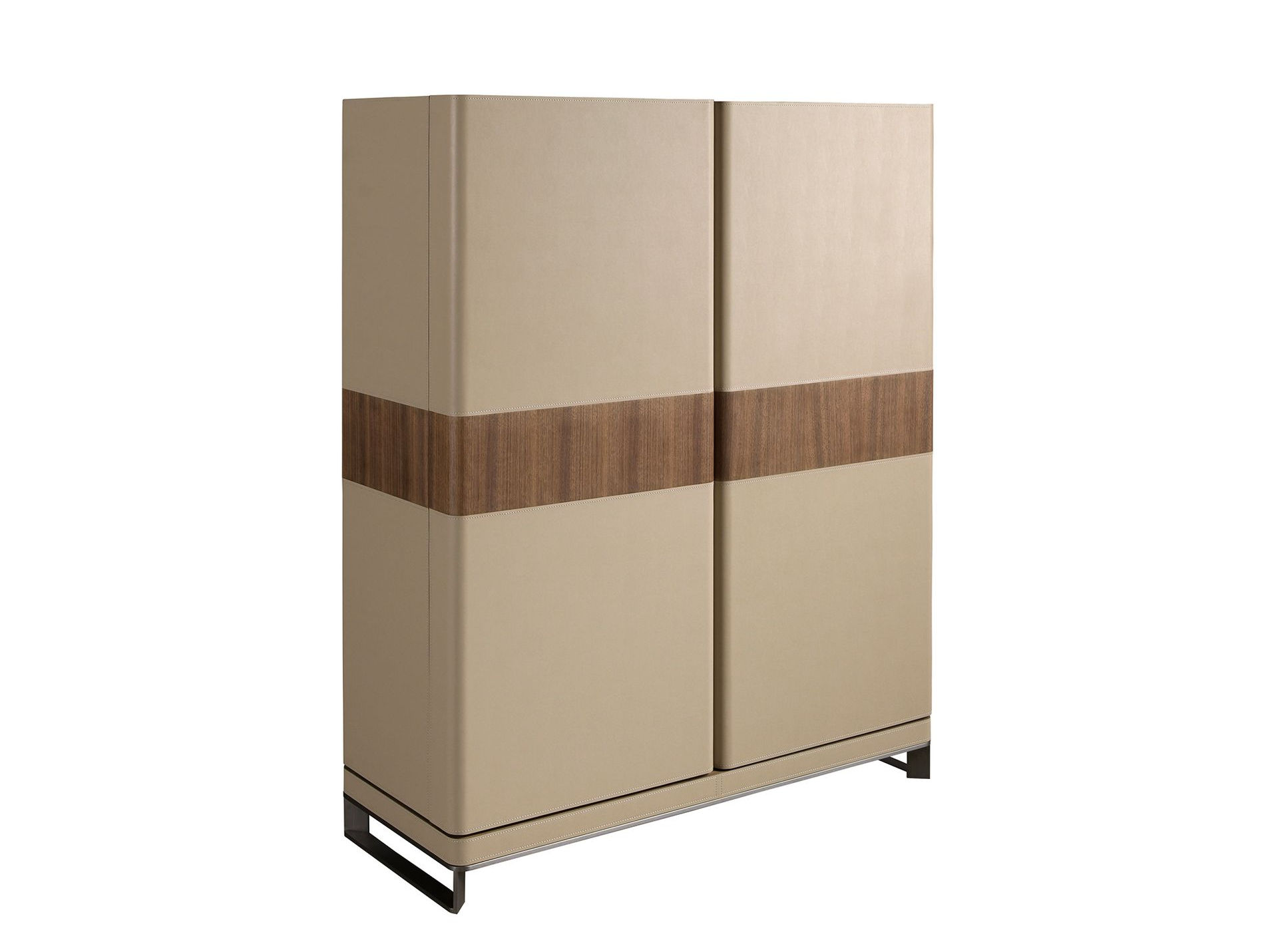 Buffet haut en similicuir, noyer et acier poli - Finitions taupe, noyer et acier