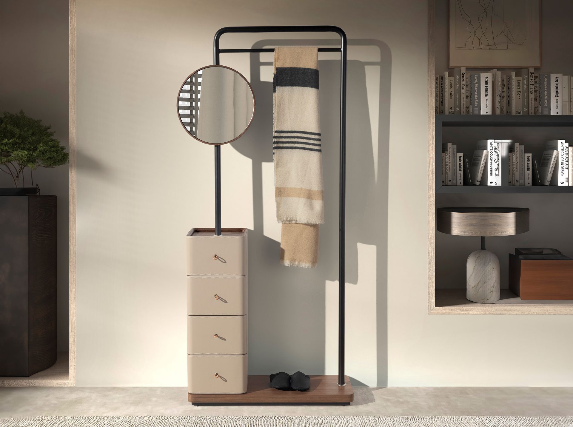 Porte-manteau en similicuir vison, noyer et acier noir avec miroir — détail 3