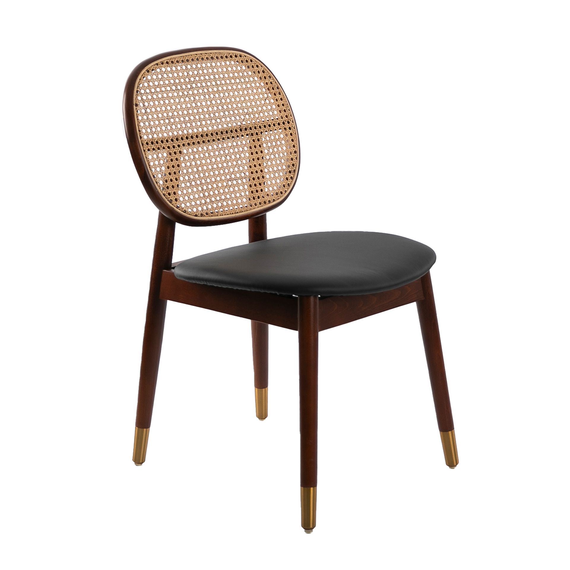 Chaise en rotin et similicuir noir - Finitions noyer et noir