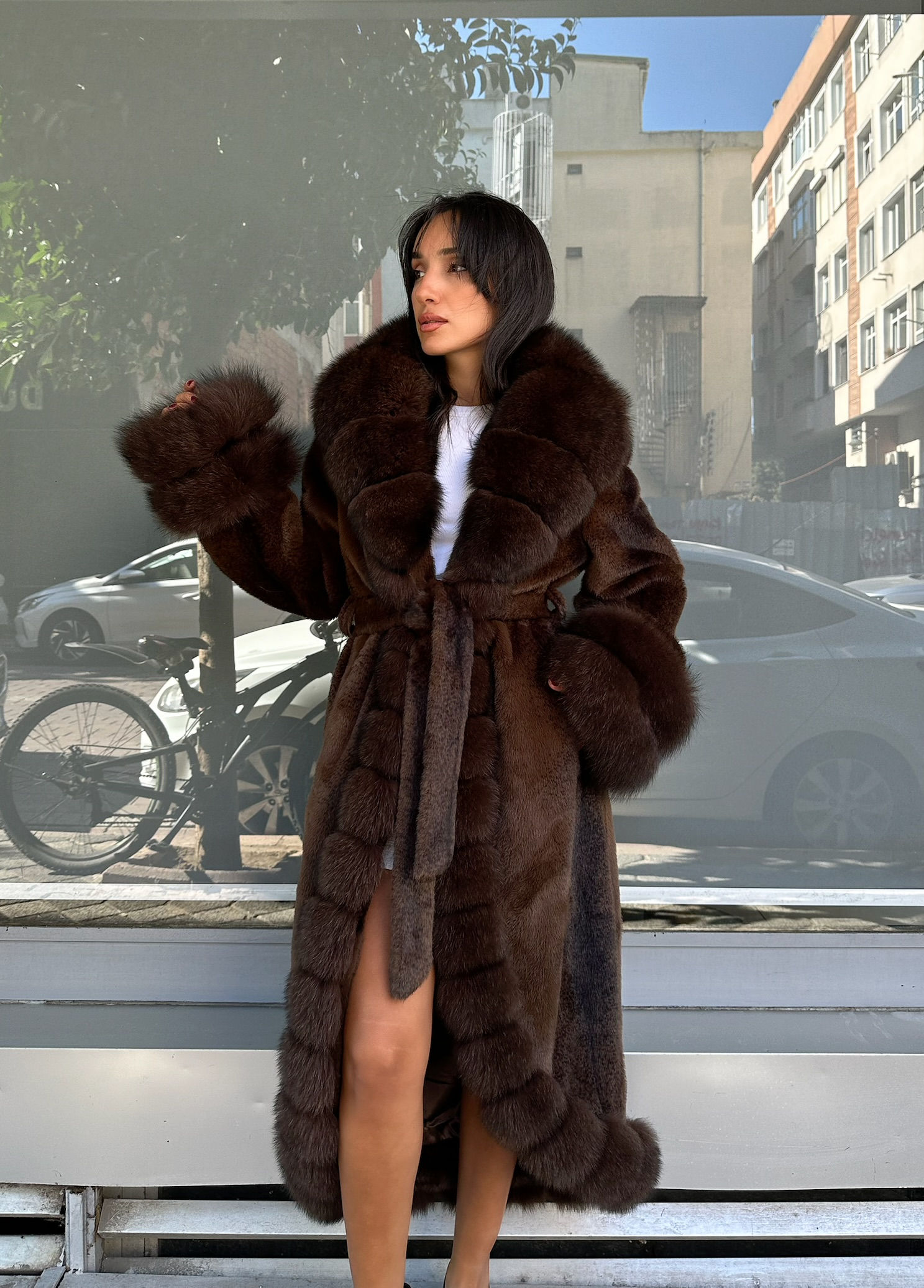 Chocolate Brown Alcantara Long Coat – Genuine Fox Fur Collar & Cuffs