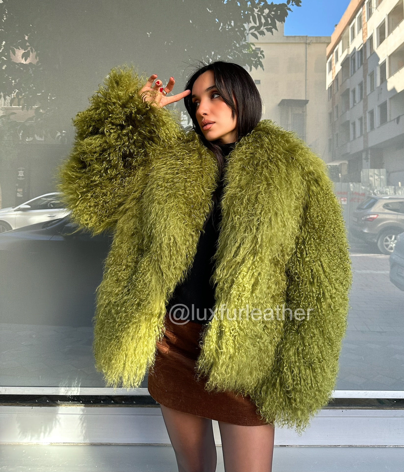 Grüne Jacke aus mongolischem Pelz für Damen