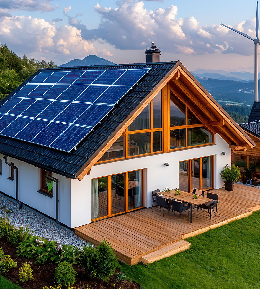 Modernes Einfamilienhaus mit großer Photovoltaikanlage auf dem Dach, installiert für maximale Eigenstromerzeugung und Energie