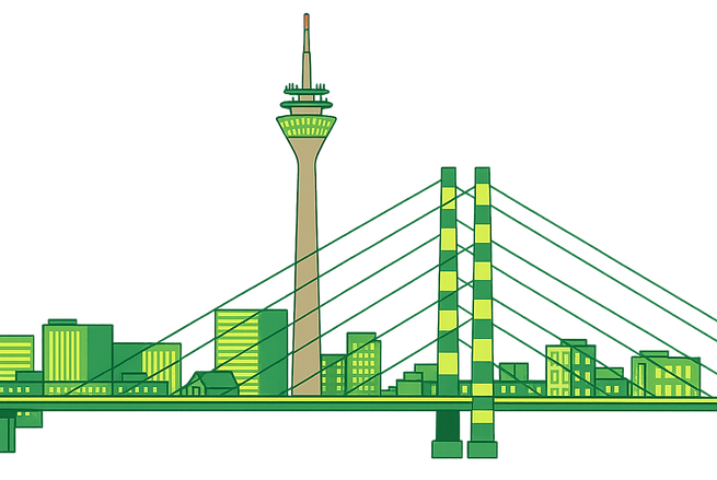 Illustration der Düsseldorf Skyline mit Rheinturm und Rheinkniebrücke, freigestellt im grünen Sparkful-Stil, ideal für lokale Social-Media- und Marketing-Inhalte.