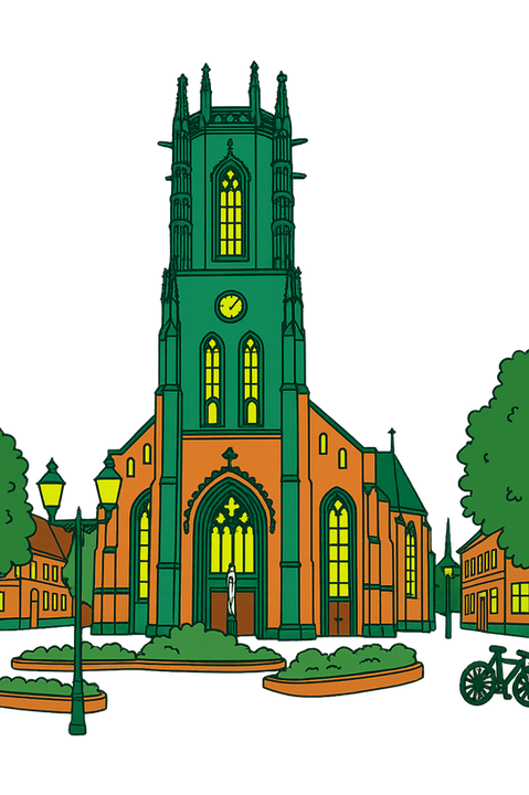 Die Grafik zeigt eine stilisierte Illustration der St.-Johannes-Kirche in Oelde. Die Kirche ist hochgezogen, mit betonten gotischen Fenstern und einer großen Uhr am Turm. Das Farbschema entspricht der Sparkful-CI: kräftiges Grün und Orange dominieren, während die Fenster leuchtend gelb wirken. Vor der Kirche befinden sich bepflanzte Beete, Straßenlaternen und ein angedeuteter Marktplatz. Links und rechts stehen kleine Häuser, am rechten Bildrand ist das Symbol eines Fahrrads zu sehen. Der Hintergrund zeigt einen sanften Farbverlauf in dunklem Grün.