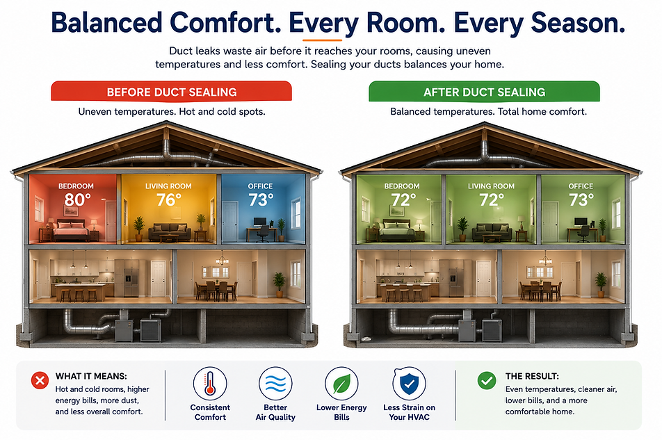 Comparison showing uneven room temperatures before duct sealing and balanced comfort after Aeroseal duct sealing.