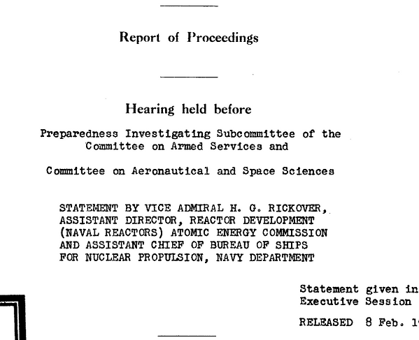 1960 - Rickover Testimony to SASC Preparedness Subcommittee