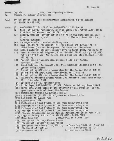 Navy Investigation Report of Bonefish (SS 582) Fire