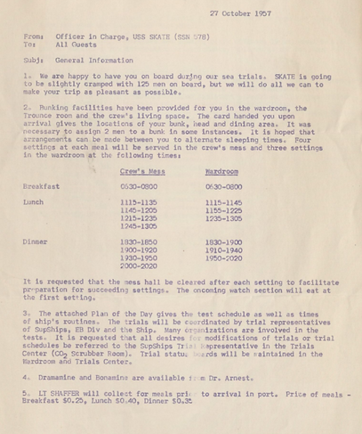 1957 SKATE (SSN 578) Initial Sea Trial Welcome Letter and Agenda