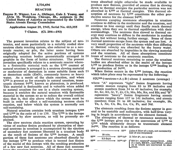 1945 - Patent for Pressurized Water Reactor