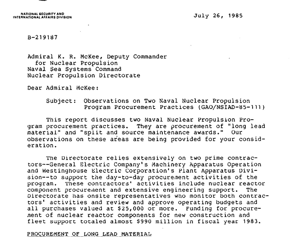 1985  - GAO Observations on NNPP Component Procurement