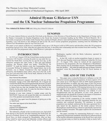 2005 VADM Hill Lecture on Rickover and UK Nuclear Submarine Program
