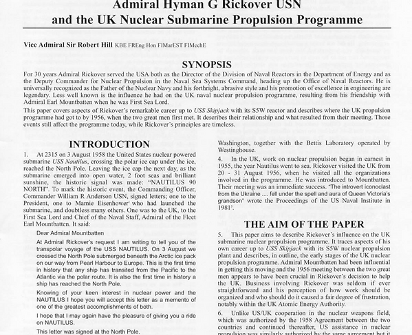 2005 VADM Hill Lecture on Rickover and UK Nuclear Submarine Program
