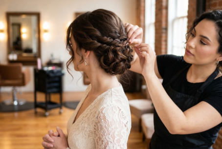 Elegant updo hairstyle created by professional stylist in Nazareth PA at Parlor Hair Salon & Makeup Studio