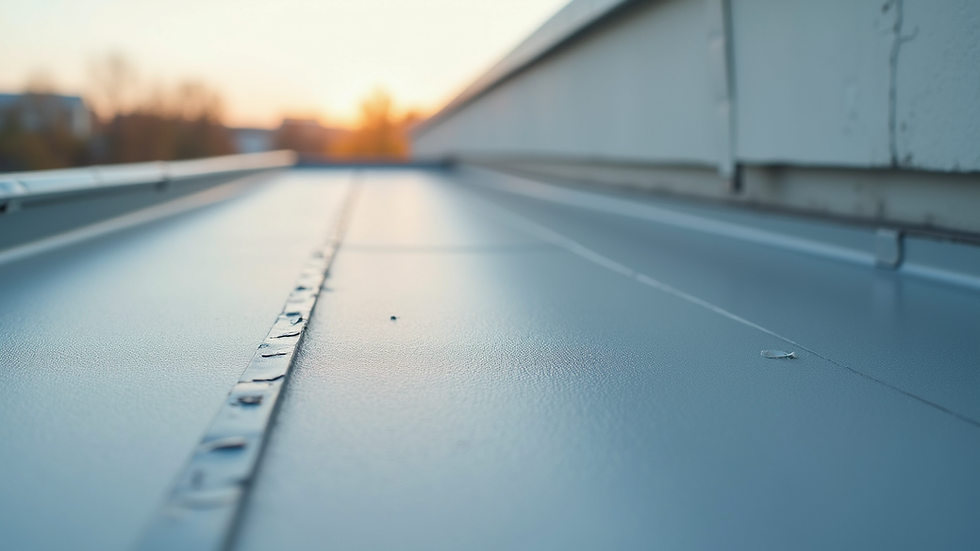 Close-up view of flat roof membrane with visible seams and flashing