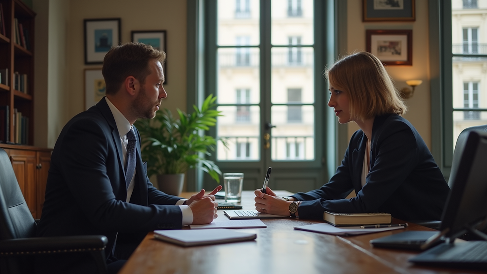 Vue rapprochée d’un avocat en consultation avec un client dans un bureau parisien