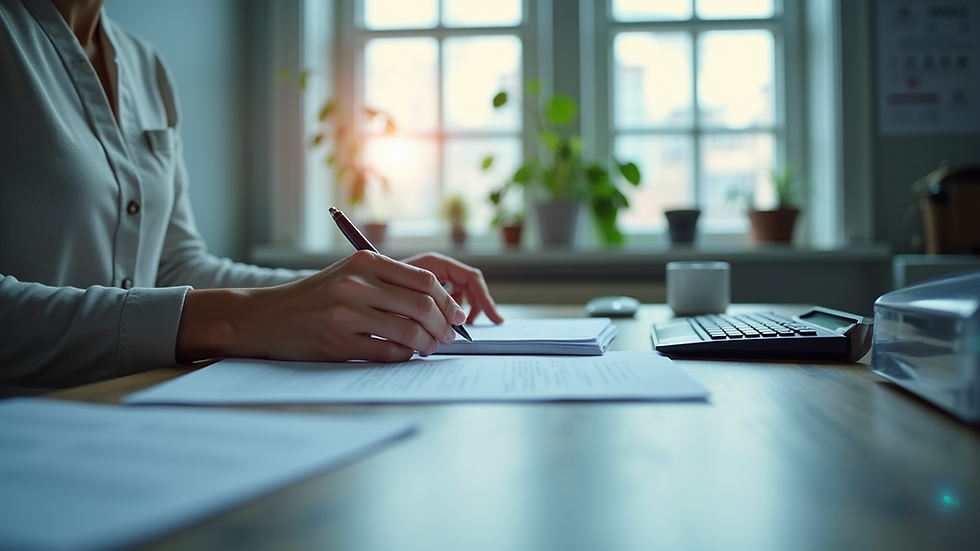 Vue rapprochée d’un bureau avec documents fiscaux et calculatrice