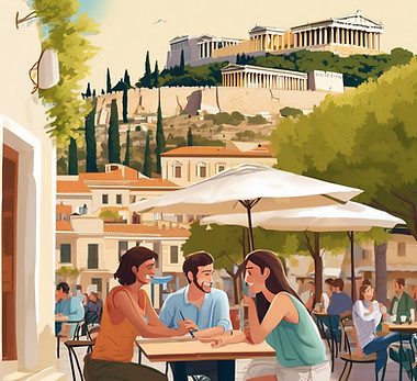 A lively street café in Athens, Greece, where people are engaged in conversations in Greek