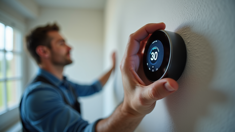 Close-up view of a technician installing a smart thermostat on a wall