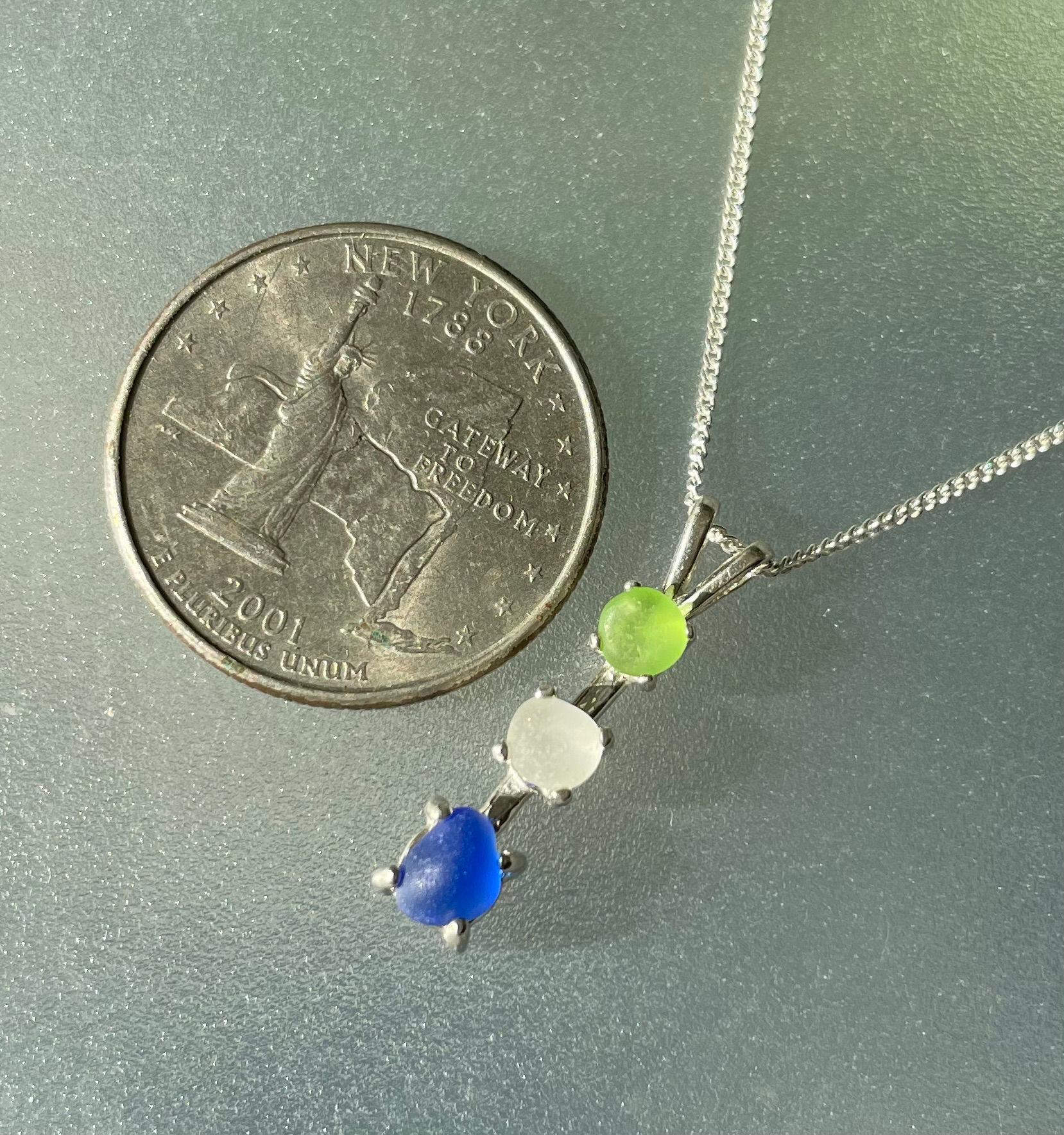 Sterling Silver Prong Set Lime White Blue Sea Glass Necklace #12