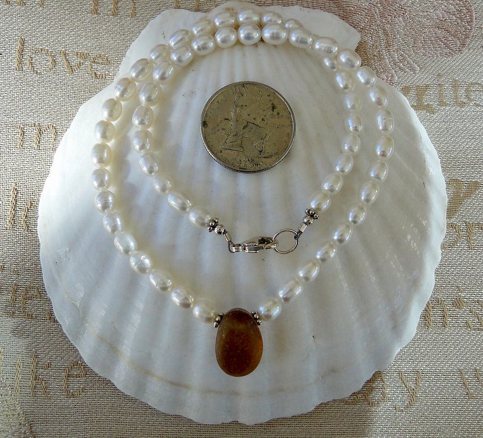 Thumbnail: Freshwater Pearl Sterling Silver Amber English Sea Glass Necklace #20