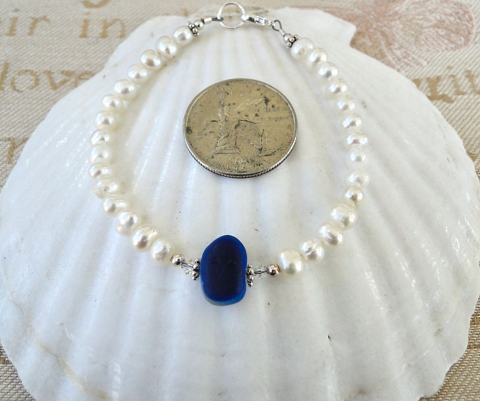 Thumbnail: Freshwater Pearl Sterling Silver Blue English Sea Glass Bracelet #12