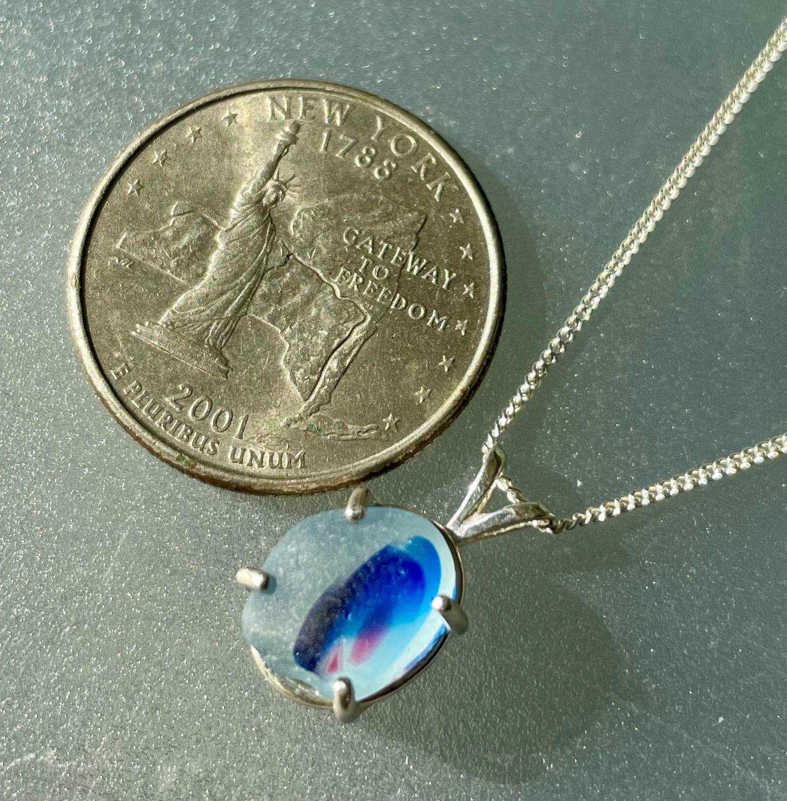 Sterling Silver Prong Set Blue Sea Glass Necklace #22