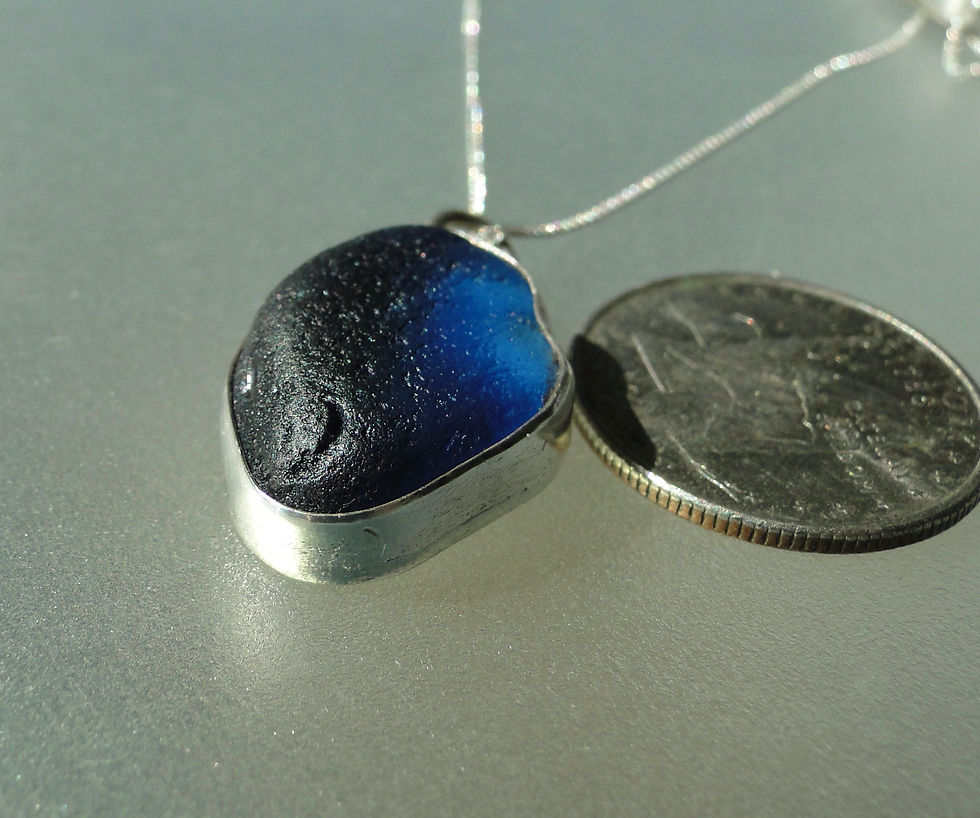 Deep Blue Bezel Set English Sea Glass Necklace
